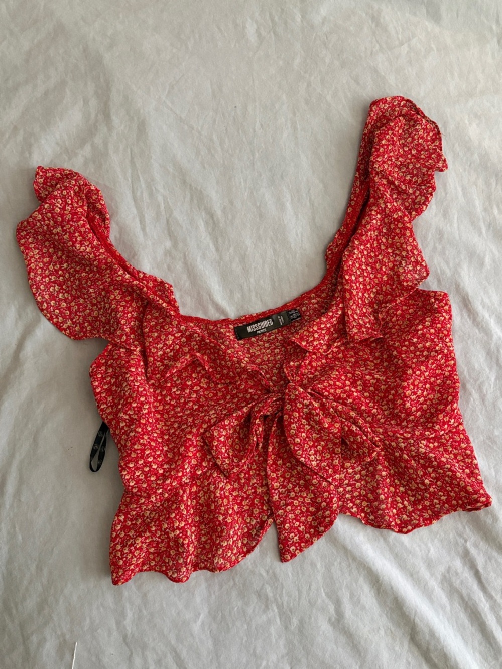Missguided Red Floral Ruffle Tie-Front Crop Top
